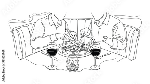 Two people enjoying wine and snacks.