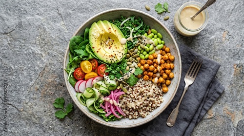 Healthy salad bowl with avocado and chickpeas kitchen food photography natural light