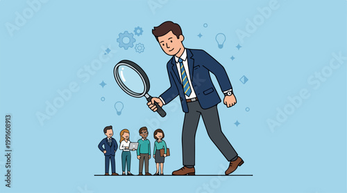 Business professional examining group of people with magnifying glass.