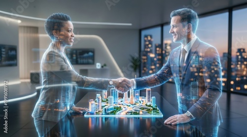 Business collaboration in digital urban offices evening views for professionals