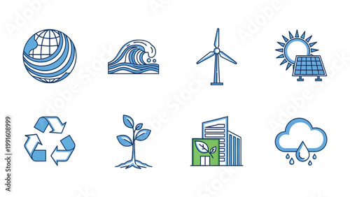 Eco Icons: A collection of symbolic illustrations representing environmental conservation and sustainable practices. The icons represent earth, solar panel, water wave, wind turbine, tree sprout.