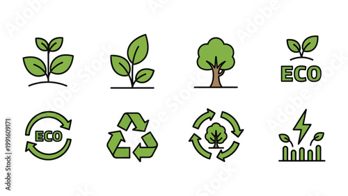 Eco-Friendly Graphics: A collection of symbolic graphics showcasing a variety of ecological icons with a clean, modern aesthetic.