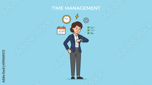 Businesswoman managing time, checking watch, planning schedule, time management concept.
