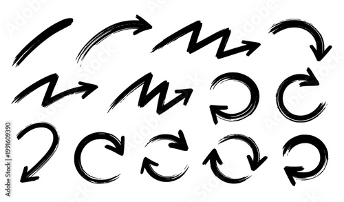 Hand drawn brushstroke arrows vector set with rough ink strokes and directional symbols isolated on white background