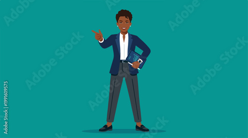 Confident professional man waving and holding documents.