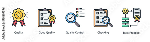 Kaizen quality icon set featuring quality control,inspection,and best practice concepts.Icon set focused on quality assurance,checking,and standardization processes for business and industrial use.