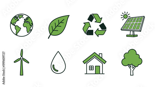Eco-Friendly Icons: A collection of charming icons, symbolizing a commitment to preserving the environment and embracing sustainable living, includes global, solar power, water drop and more.