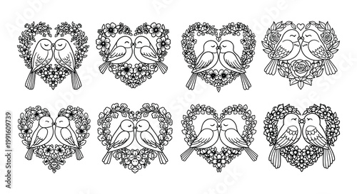 Eight vintage style illustrations of paired birds within floral wreaths