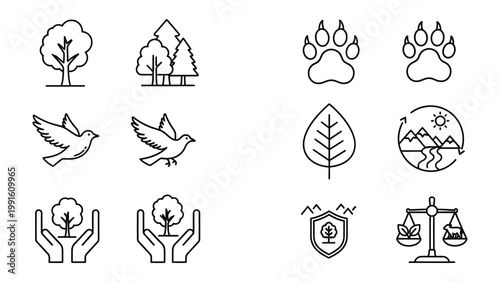 Eco-friendly Icons Set: Collection of environmentally conscious icons perfect for highlighting nature-related themes. Showcasing trees, a leaf, animal tracks, and scales representing balance.