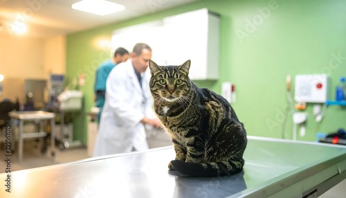 Brown Tabby Cat Sitting On Examination Table In Veterinary Clinic With Blurred Male Veterinarians In Professional Medical Office Background