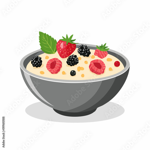 Bowl of oatmeal with fresh berries and mint