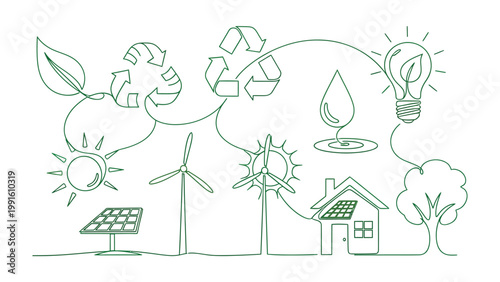 Eco-Friendly World: A green line art illustration depicts sustainable elements, from solar panel and wind turbine to the tree, water drop, recycle symbol and light bulb.