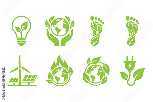 Eco Friendly Sustainable Living Green Energy Vector Illustration Set Earth Global Warming Symbols Art