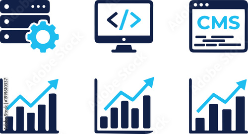 Comprehensive Website Development Icons Collection with Server Coding CMS and Growth Stats Pro Set