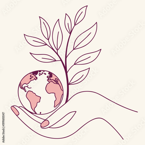 Earth globe with sprouting leaves held by a hand.