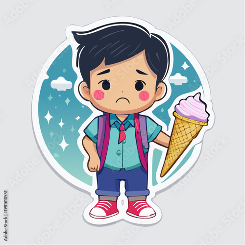 Sad cartoon boy holding an ice cream cone