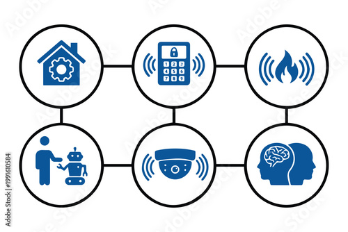 Smart home automation connectivity concept vector infographic showing blue round icons on a background