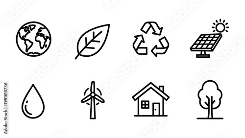 Eco-Consciousness Collection: Illustrated icons of the planet, a leaf, recycling symbol, solar panel, water droplet, wind turbine, house and tree.