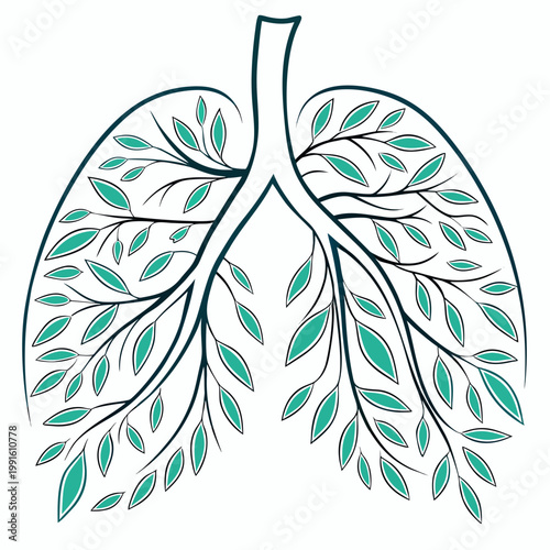Outline of lungs with internal structure of teal leaves.