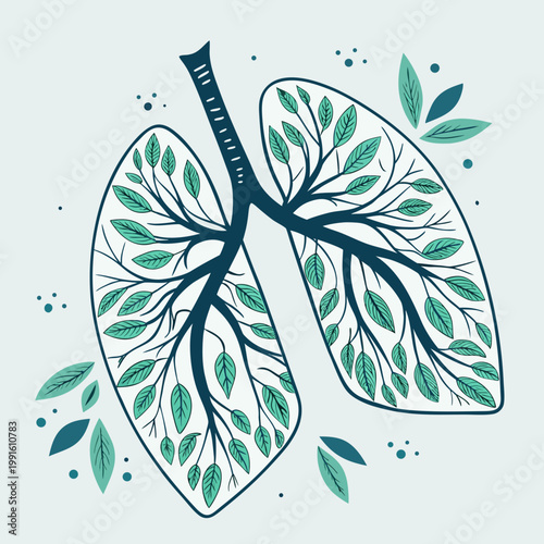 Human lungs depicted as tree with blue green leaves.