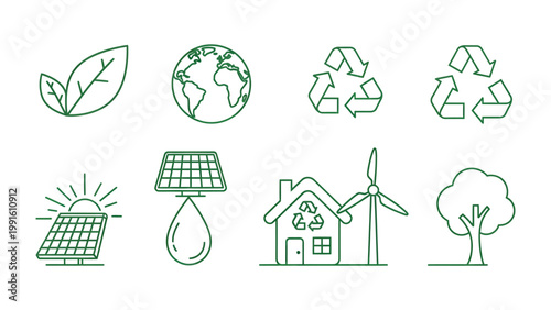 Eco-Friendly Icons: A collection of clean and simple outline icons symbolizing sustainability, nature, and environmental consciousness, promoting eco-friendly practices.