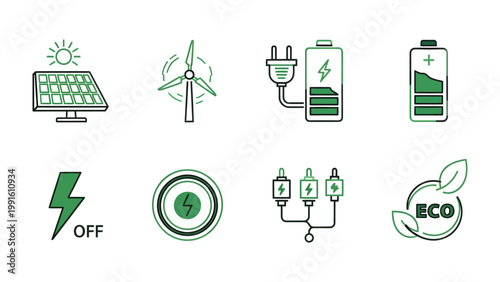 Power Icons: A collection of energy icons showcasing a commitment to a sustainable and environmentally conscious future. This image features icons for solar panels, wind turbines, charging batteries.