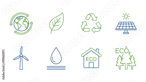 Eco Icons: A vibrant collection of eco-friendly icons representing earth-conscious living and sustainable practices. A visual reminder of the importance of protecting and preserving our planet.
