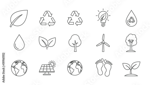 Sustainable Icons: Collection of eco-friendly illustrations representing a commitment to conservation and environmental responsibility.