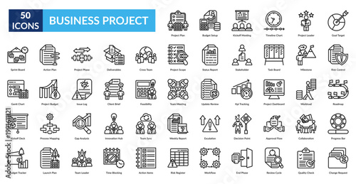 Business Project Line Icon Set. Project Plan, Budget Setup, Kickoff Meeting, Timeline Chart, Project Leader, Goal Target, Risk Control