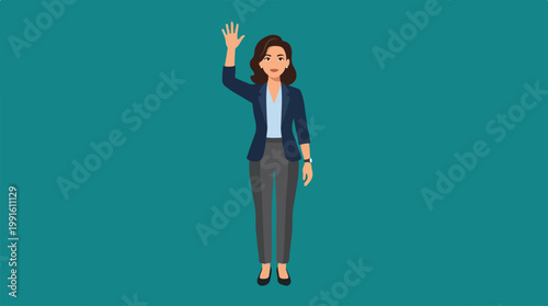 Woman in business attire waving her hand in greeting gesture.
