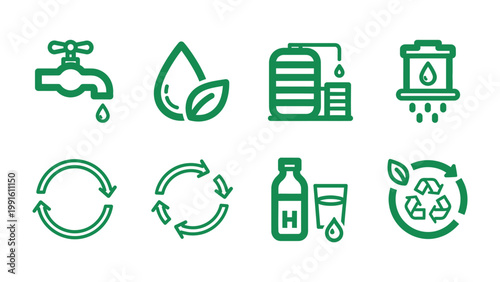 Water and Eco-Consciousness: A collection of icons representing sustainable water management, water drops, recycling, and the natural cycle.