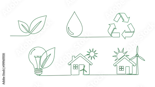 Eco-Friendly World: A collection of minimalist line art icons illustrates the concepts of sustainability and eco-consciousness, promoting a message of environmental protection and a greener future.