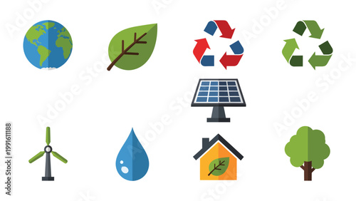 Eco-Friendly Icons: A visual tapestry of environmental icons, encompassing the globe, lush leaf, recycling symbols, sustainable energy sources, and an eco-conscious home. A celebration of a greener.