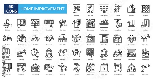 Home Improvement Line Icon Set. Wall Repair, Paint Time, Smart Lighting, Pipe Fix, Roof Check, Tile Pattern, New Door