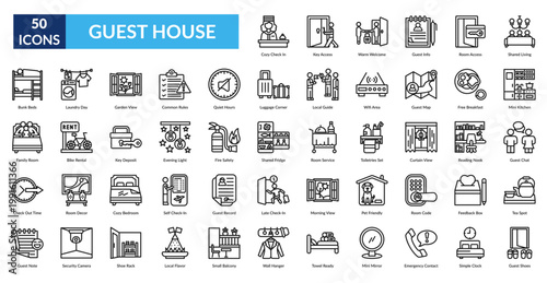 Guest House Line Icon Set. Cozy Check In, Key Access, Warm Welcome, Guest Info, Room Access, Shared Living, Mini Kitchen