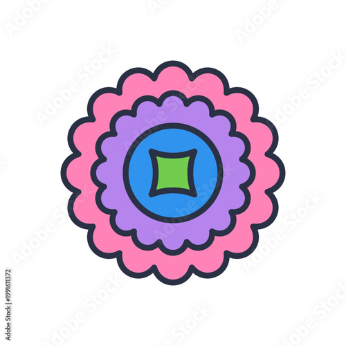 Wavy edge purple blossom. Rounded decorative bloom with soft wavy petals and contrasting geometric center in bold retro style. Vector 10 EPS.