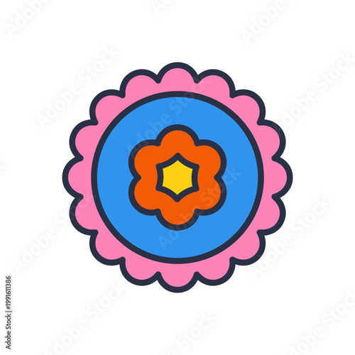 Scalloped pink retro blossom. Decorative rounded bloom with scalloped edges and multicolor center in groovy seventies inspired style. Vector 10 EPS.