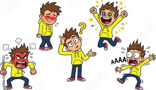 Kids Emotions Cartoon Character Illustration Set Showing Angry Shy Confused Excited Scared Expressions Editable Vector Children Feelings Collection