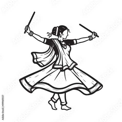 Woman in traditional indian attire dancing with sticks isolated on white background