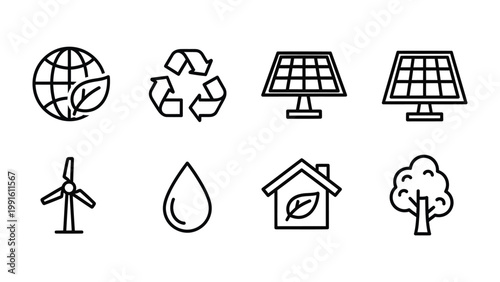 Eco-Friendly Icons: Illustrative collection of eco-friendly symbols, showcasing concepts like renewable energy, environmental conservation, and sustainable living. 