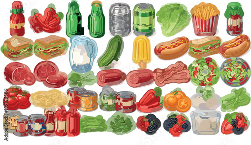 Food and grocery collection with beverages snacks fruits vegetables and fast food items colorful flat vector illustration set