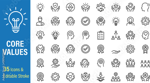 core values icons set with editable strokes vector illustration