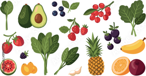 Fresh fruits and leafy greens collection with avocado pineapple berries citrus and healthy organic food flat vector illustration set