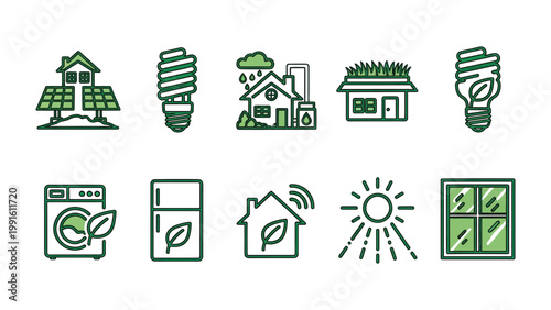 Eco-Friendly Home Elements: A set of ten icons depicting eco-friendly home elements, illustrating sustainable living. This image evokes feelings of environmental consciousness and responsibility.