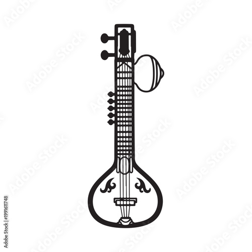 Black and white illustration of a traditional stringed musical instrument isolated on white background