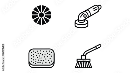 Cleaning Toolkit Icons: A set of essential cleaning tools, artfully illustrated in a clean, modern style, offering a visual guide to the instruments that bring shine and cleanliness.