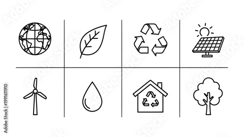 Eco Icons: A set of minimalistic eco-friendly icons representing key elements of environmental conservation and sustainable living, ideal for use in design projects related to nature, ecology.