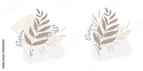 Twigs with leaves, a delicate bouquet, hand-drawn. Vector illustration. Drawing of forest branches and meadow herbs, isolated on a white background