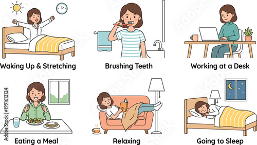 Daily Routine Female Character Activity Steps Illustration Showing Wake Up Brush Work Eat Relax Sleep Lifestyle Sequence Editable Vector Set