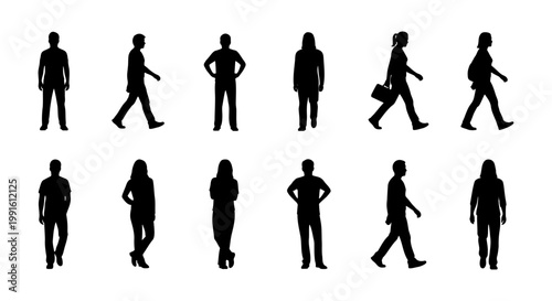 Black silhouette people set, 12 walking and standing human figures, diverse men and women vector collection, isolated crowd elements for architectural visualization